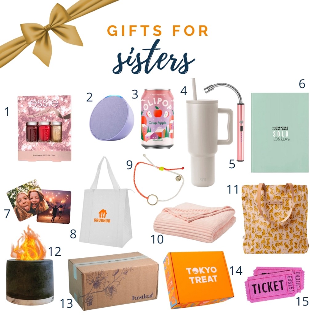 gifts for sisters gift guide collage graphics with various stock images of giftable items