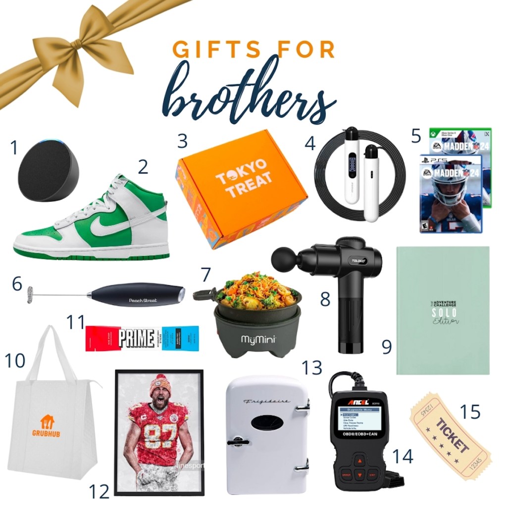 gift guide for brothers collage with various numbered items