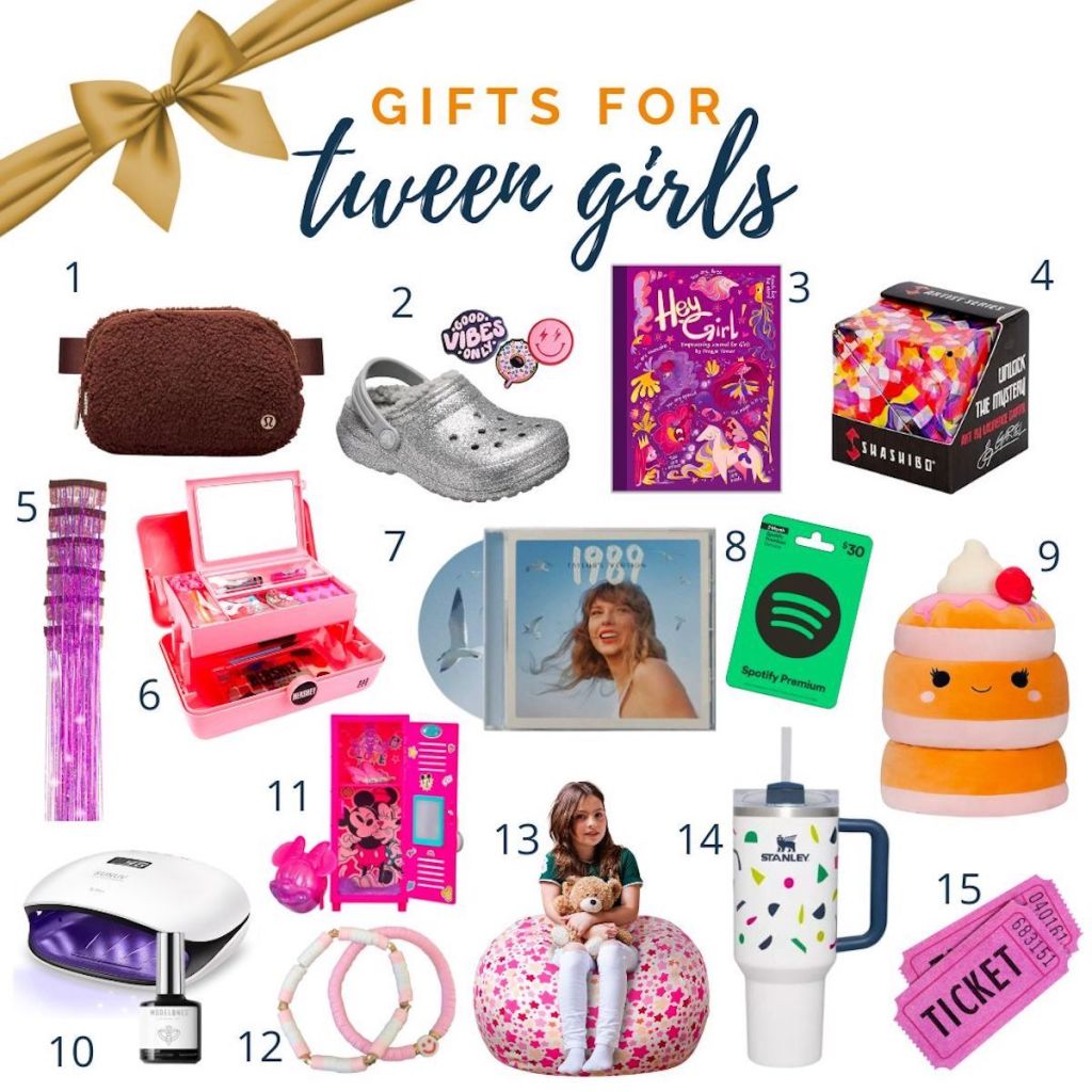 various gift ideas for tween girls collage graphic with various stock photos