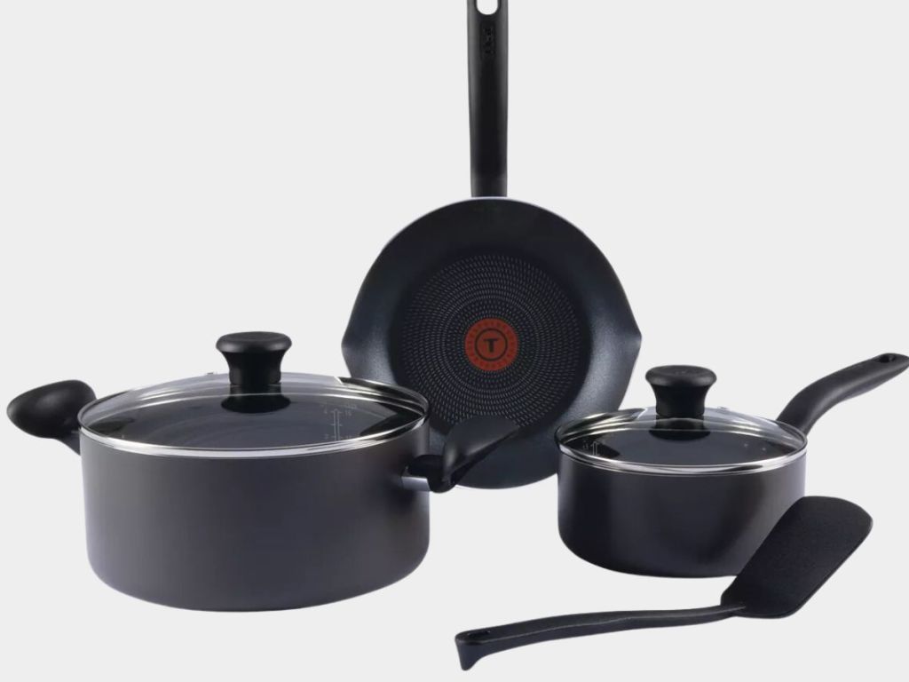 T-Fal cookware set with frying pan, pot and dutch oven and spatula