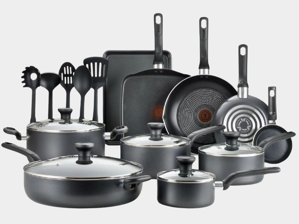 large T-Fal Cookware set with cooking tools