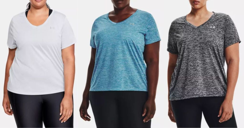 3 women wearing different color Under Armour t-shirts
