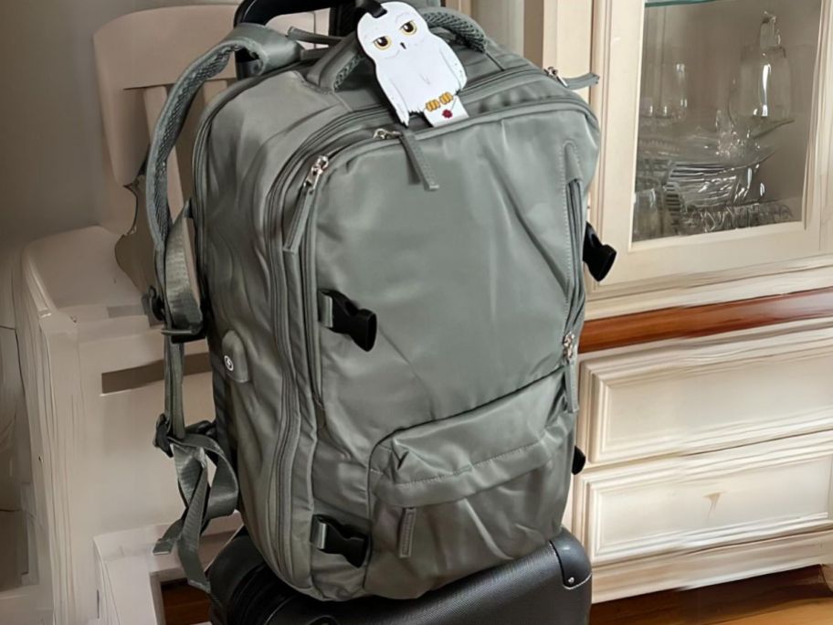 large greenish color travel backpack on a piece of luggage with a Hedwig luggage tag
