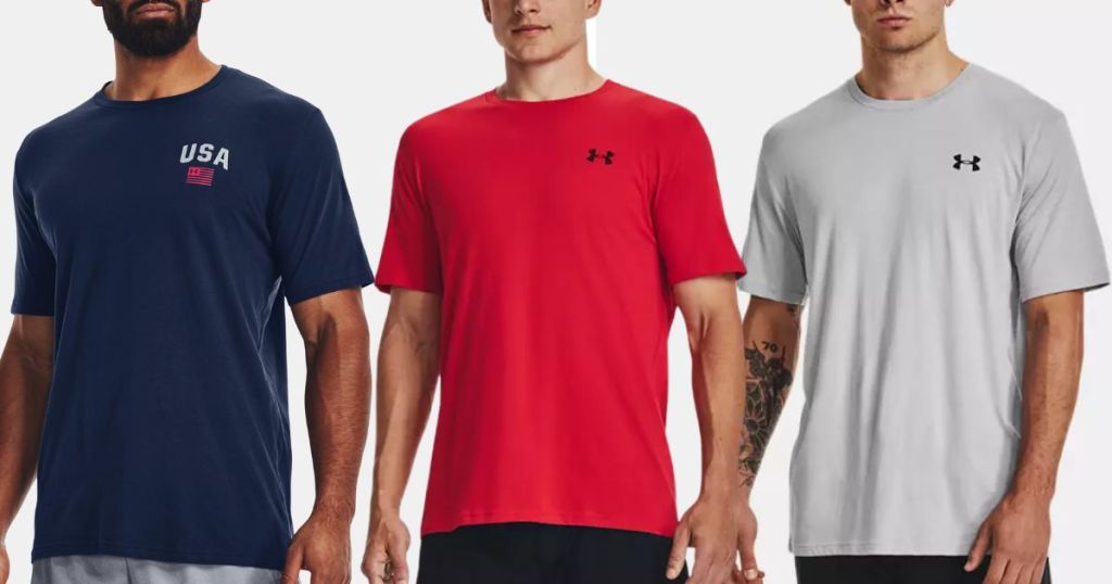 3 men wearing different color Under Armour t-shirts