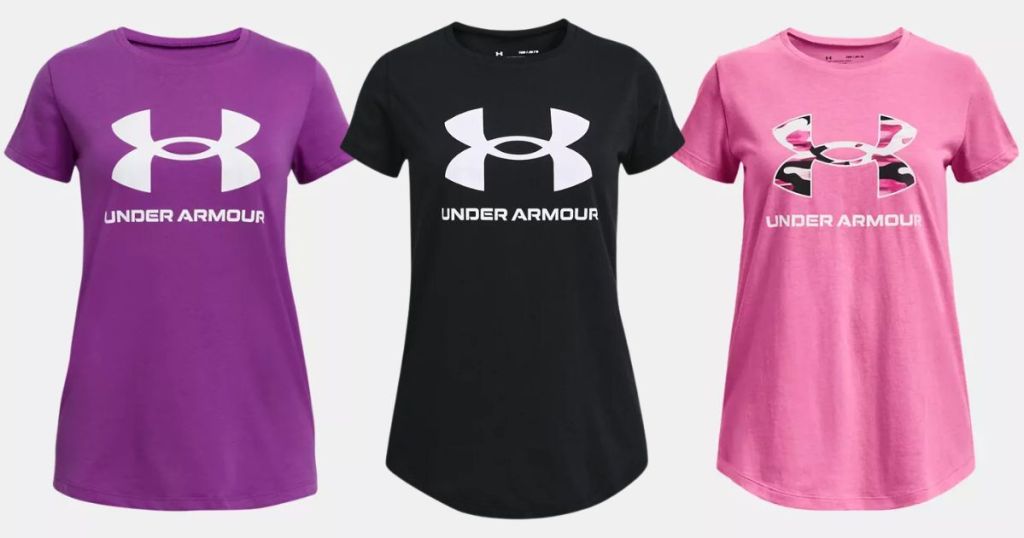 3 different colors of Under Armour girl's shirts