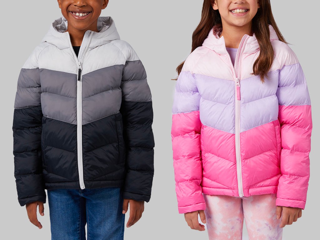 boy and girl wearing gray and pink puffer jackets