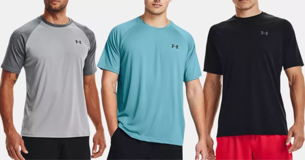3 men wearing different color Under Armour t-shirts