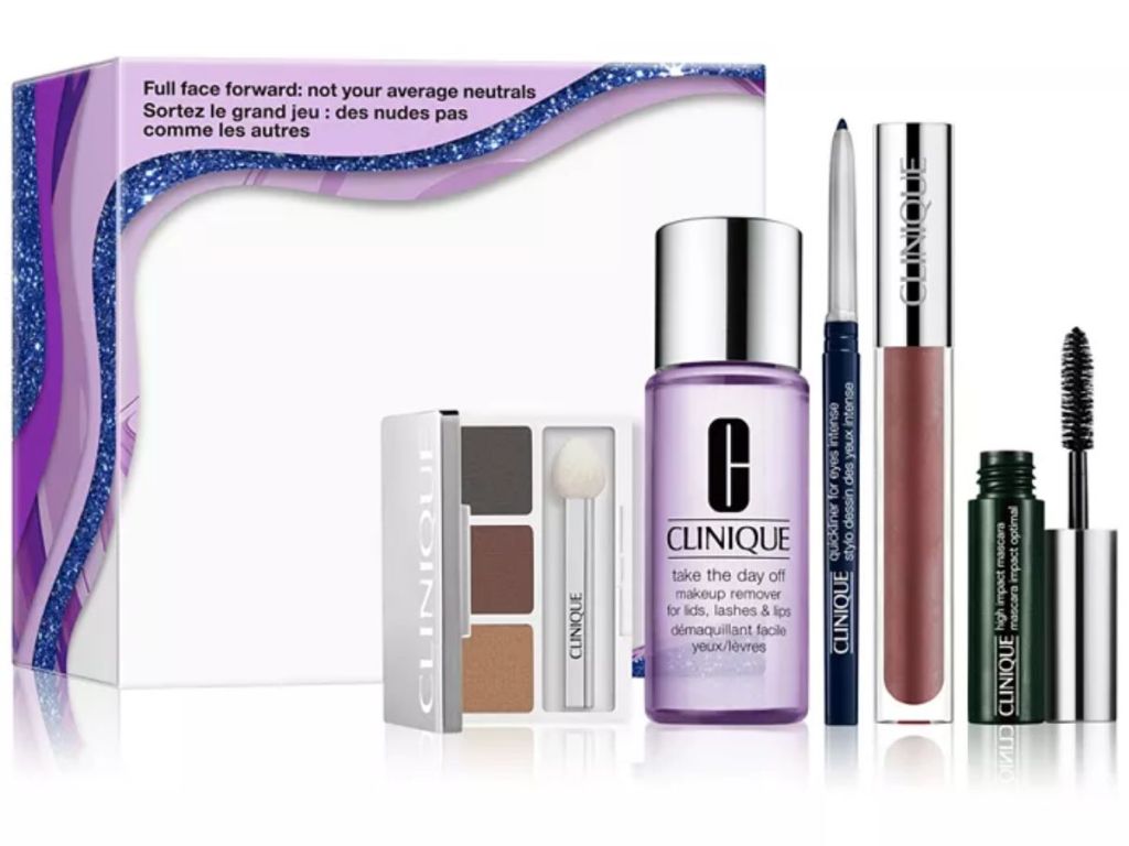 Clinique eyeshadow, makeup remover, eyeliner, lip gloss, and mascara with gift set box