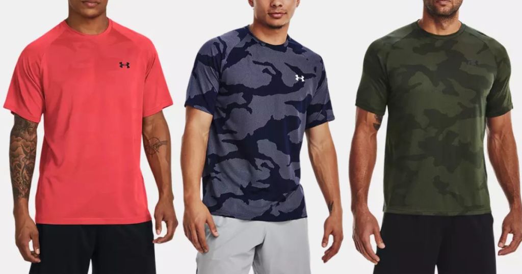 3 men wearing different color Under Armour t-shirts