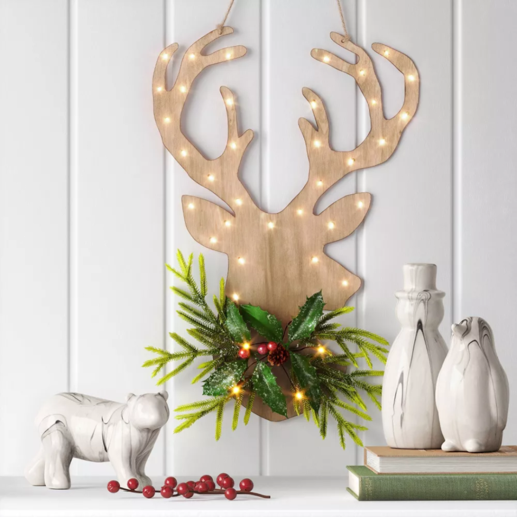 Wondershop 16" LED Hanging Wood Reindeer Head with Greenery Christmas Silhouette Light 