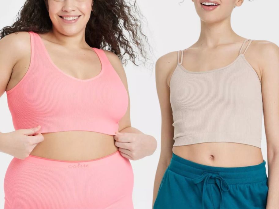 woman wearing a pink bralette and leggings and woman wearing a tan Brami and teal green leggings
