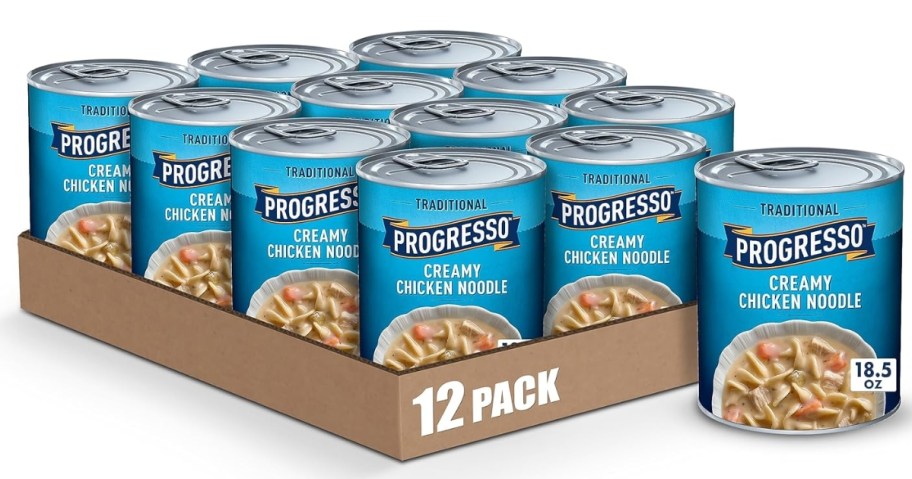 a 12 pack of Progresso Traditional Creamy Chicken Noodle Soup cans