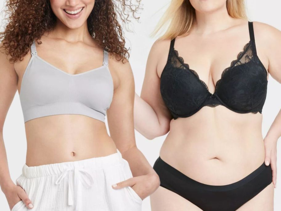 woman wearing a grey bra and white shorts and woman wearing a black lacy bra with black panties