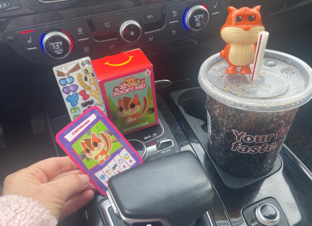Hand in car holding up Adopt Me Pets Chipmunk Character from McDonalds Happy Meal