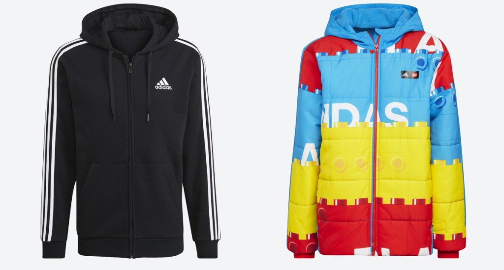 black adidas jacket and blue, yellow, and red lego jacket