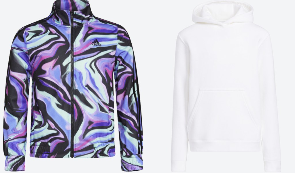 purple swirl jacket and white hoodie