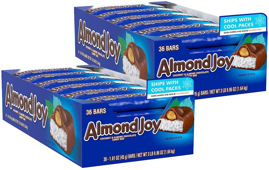 two blue boxes of Almond Joy Candy Bars