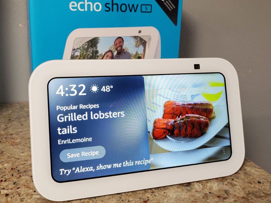 An Amazon Echo Show 5 showing a recipe on it