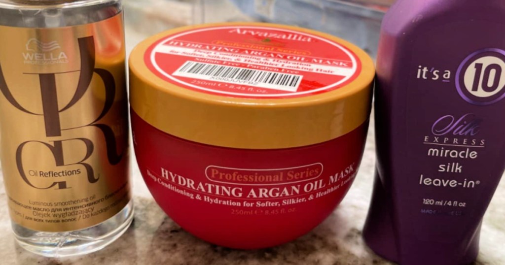 bottle of Arvazallia Hydrating Argan Oil Hair Mask on bathroom counter