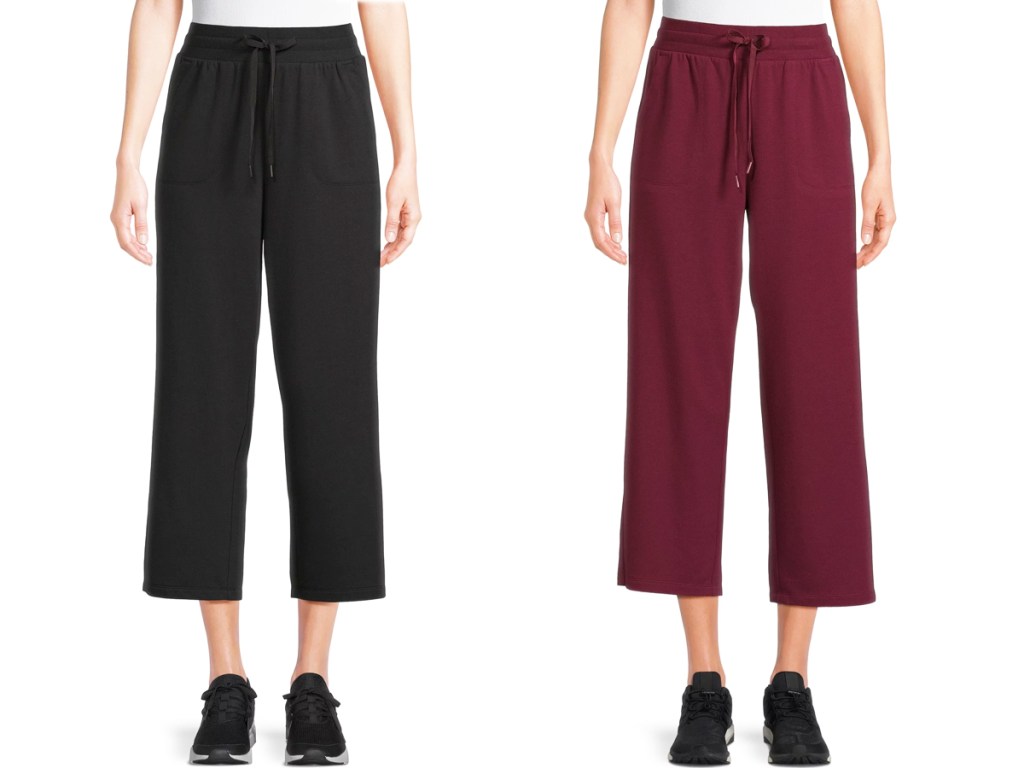 women in black and maroon wide leg cropped pants