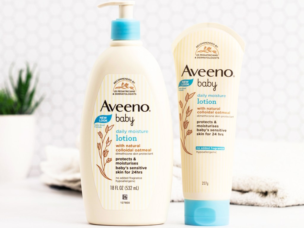 large bottle and smaller tube of Aveeno Baby Daily Moisture Lotion
