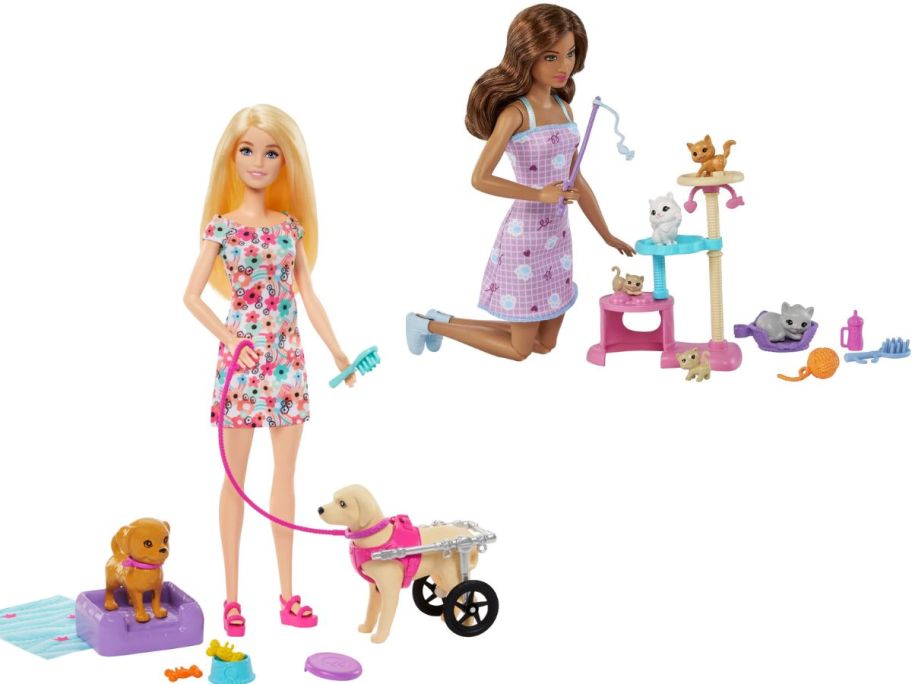 Stock images of two barbie playsets with pet digs and cats