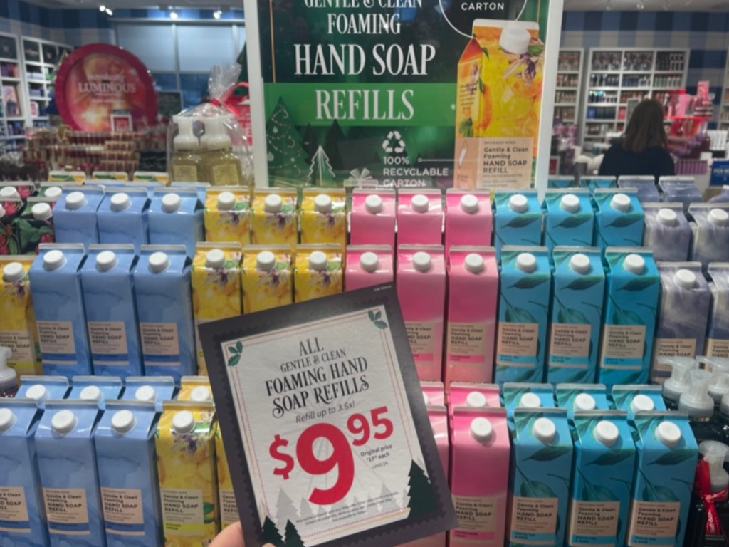 Store display of Bath and body Works hand soap, refills