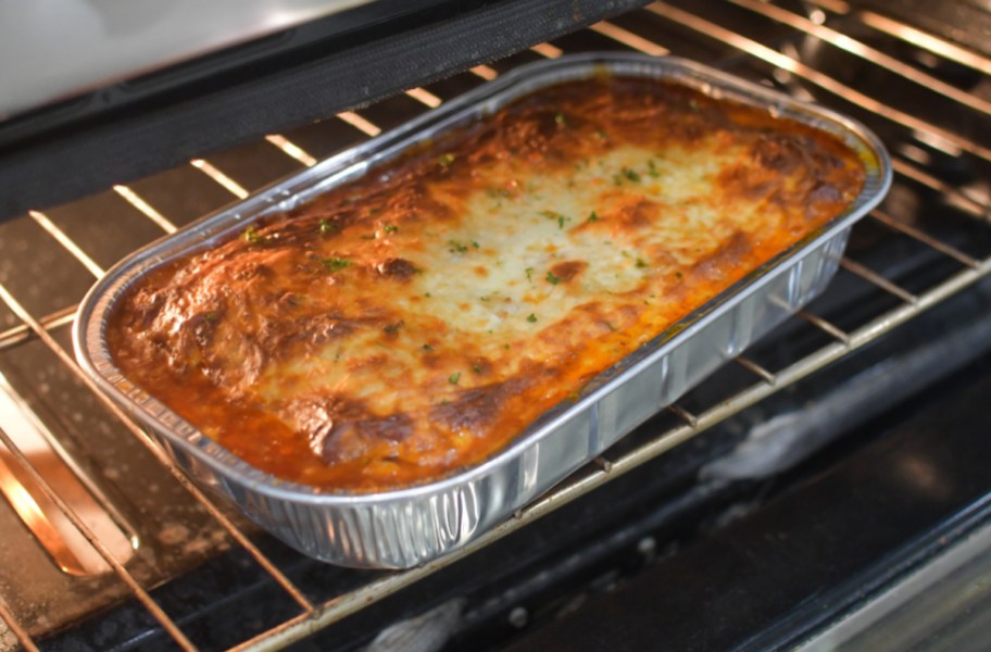 A pan of beef ravioli lasagna from the Costco prepared meals section