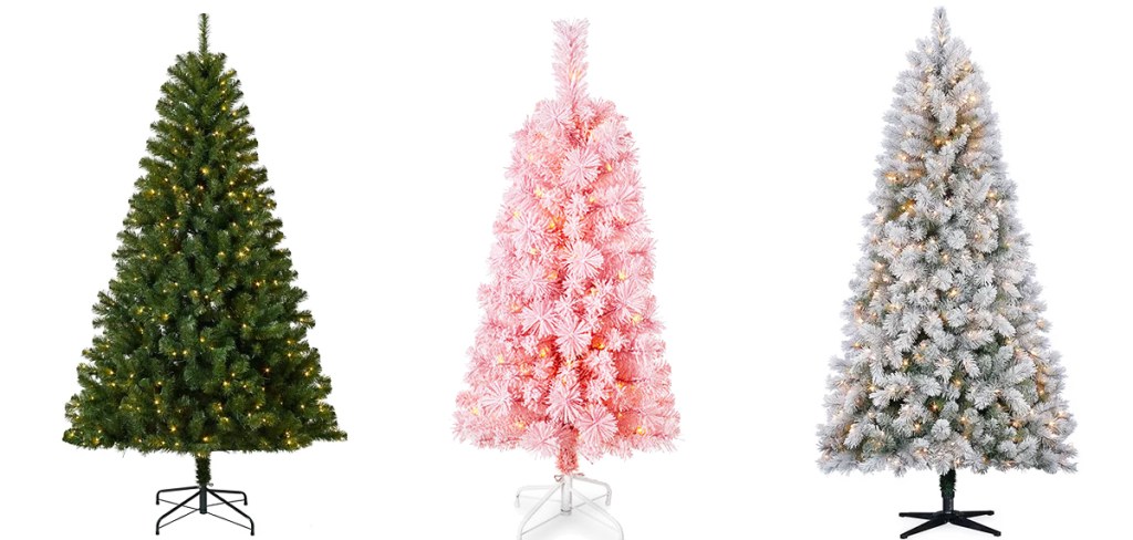 green, pink, and white pre-lit christmas trees