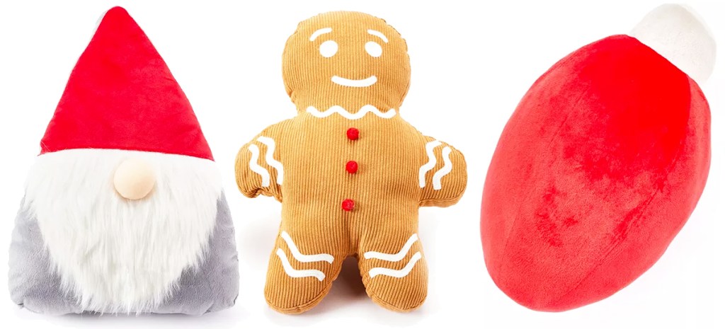 gnome, gingerbread man, and lightbulb throw pillows