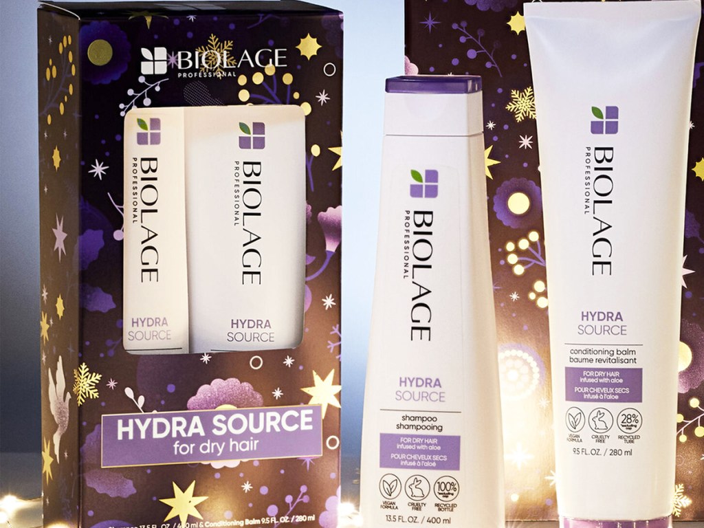 purple and white Biolage shampoo & conditioner gift set