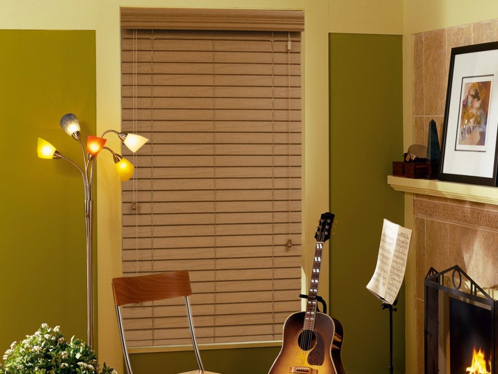 wood blinds in a music room