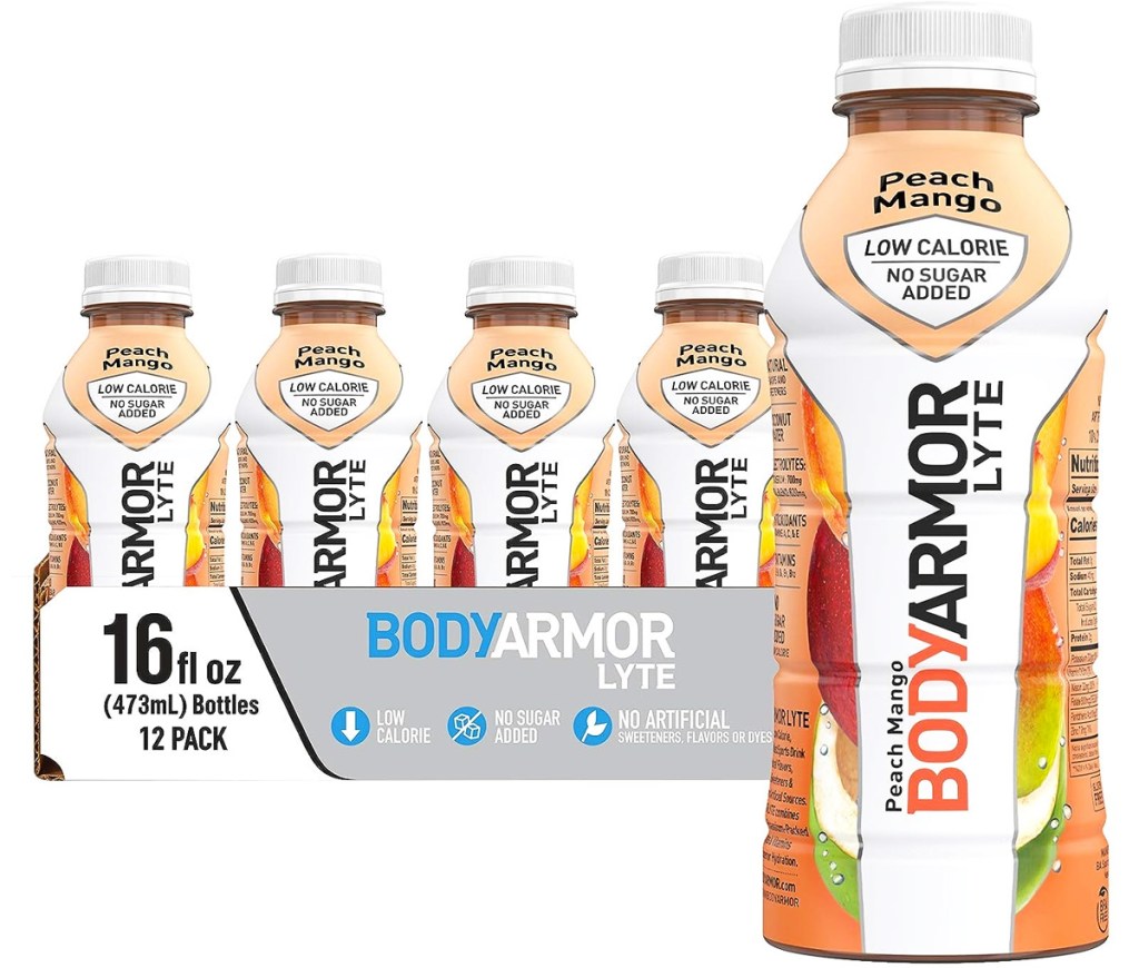 case of Body Armor Lyte Sports Drinks in Peach Mango flavor