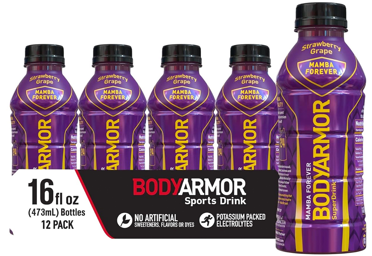 case of Body Armor Sports Drink 16oz Bottles in Mamba Forever flavor