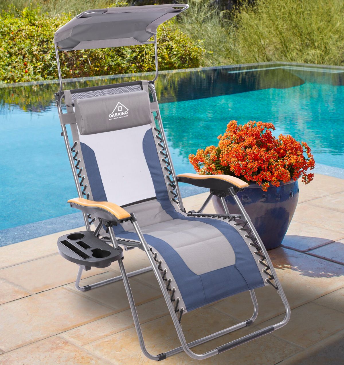 CASAINC Patio chair Blue Steel Frame Stationary Zero Gravity chair next to an infinity edge pool