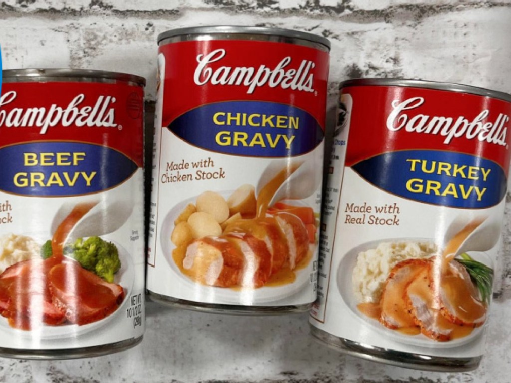 Campbell gravy displayed in a. row