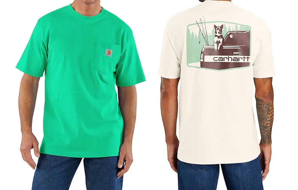 two men in green and white carhartt shirts