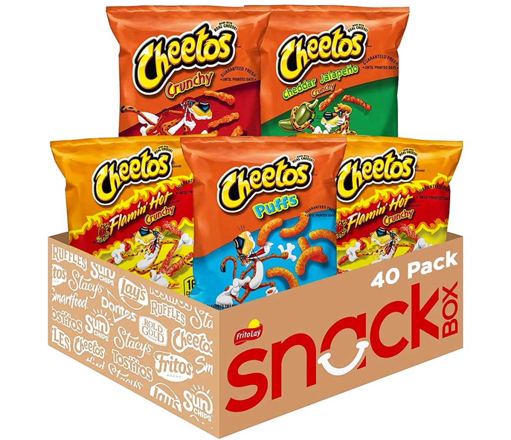 variety of cheetos bags in a cardboard box