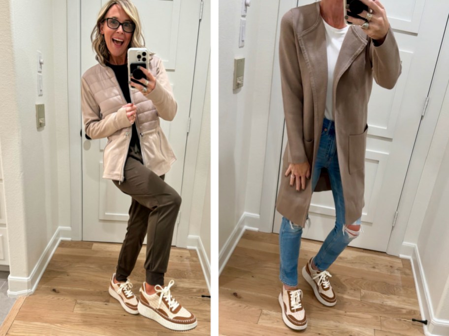 woman showing 2 outfits with trendy brown target shoes