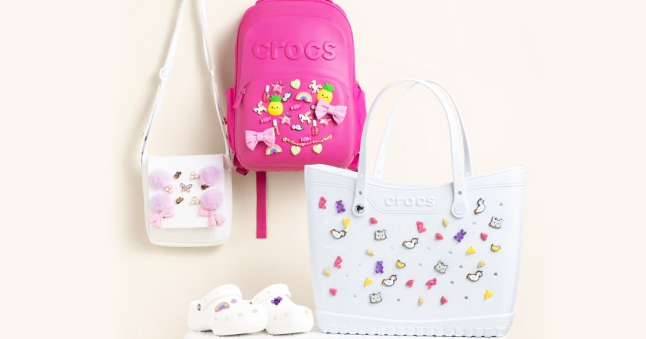 crocs tote, crossbody and backpack with jibbitz charms