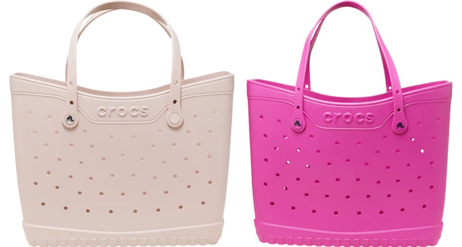 tan and pink crocs tote bags
