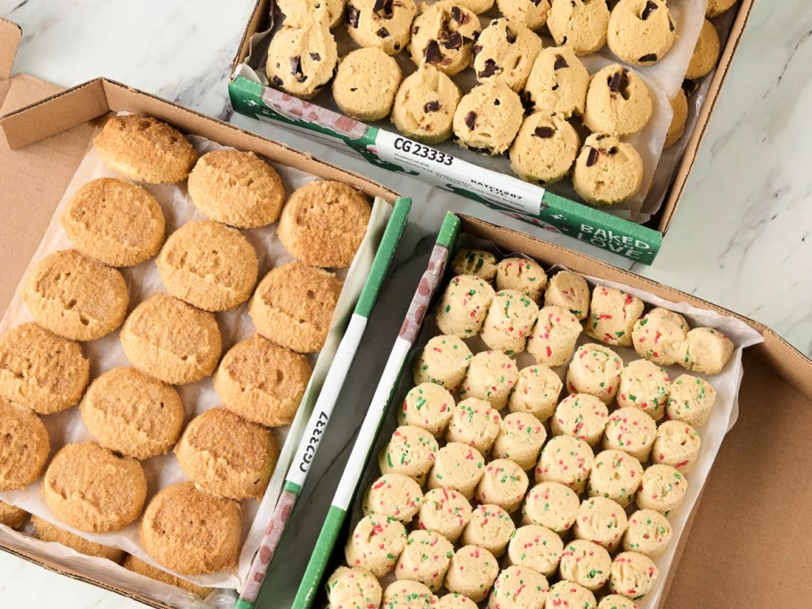 3 gift boxes filled with David Cookies Holiday dough