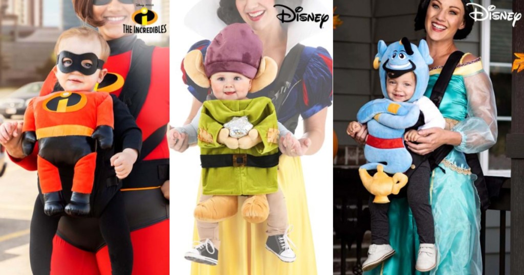 women wearing different disney halloween baby carrier costumes