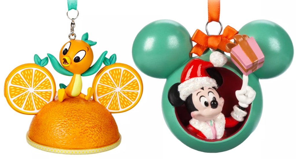 orange mickey hat and green santa mickey ornaments