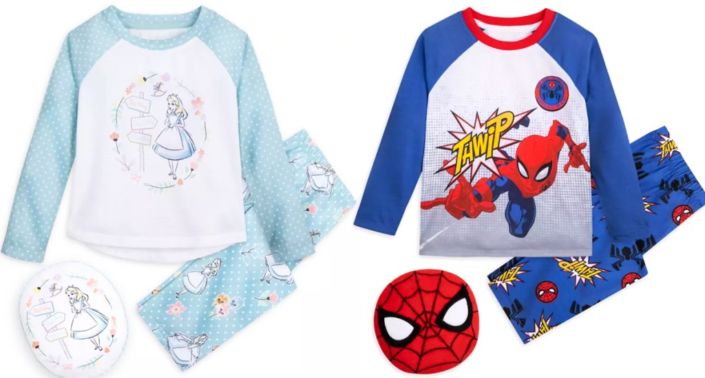 alice in wonderland and spider-man pajama sets with matching pillows