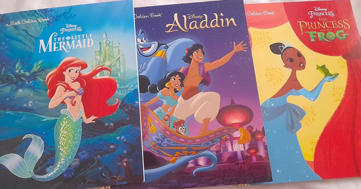 3 little golden books from the Disney Ultimate Princess Boxed Set of 12 Little Golden Books fanned out including the little mermaid, alladin, and the princess and the frog