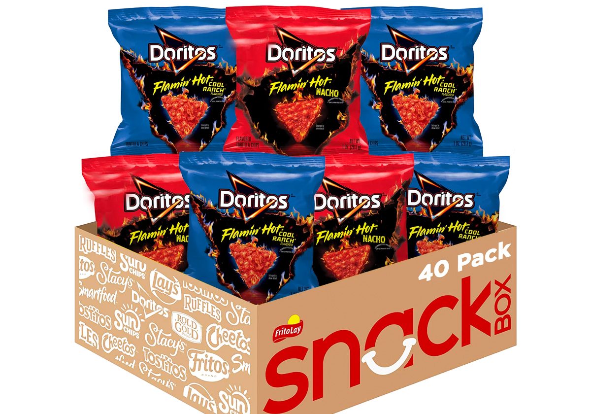 box of snack sized bags of flamin hot doritos in cool ranch and nacho cheese flavors