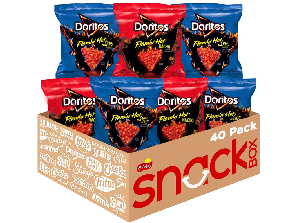 box of snack sized bags of flamin hot doritos in cool ranch and nacho cheese flavors