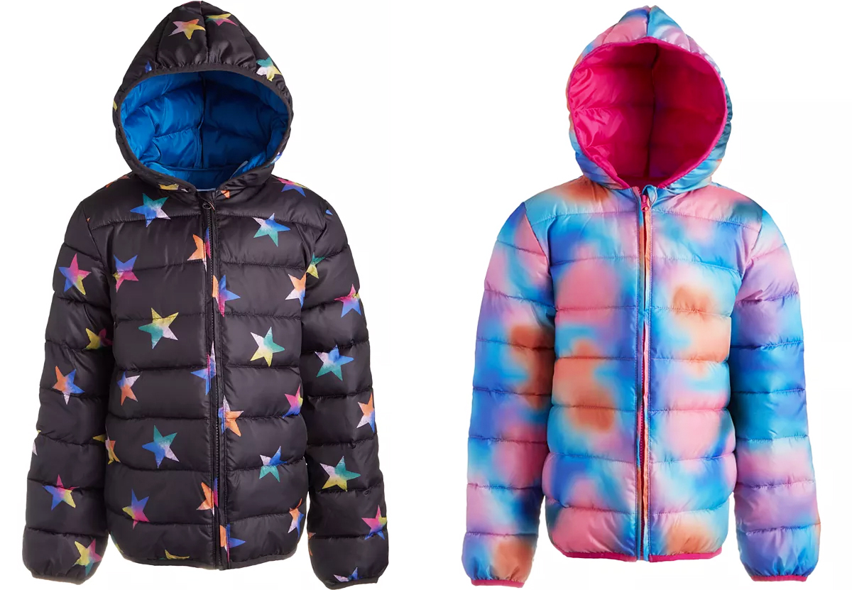 star and tie dye print puffer jackets