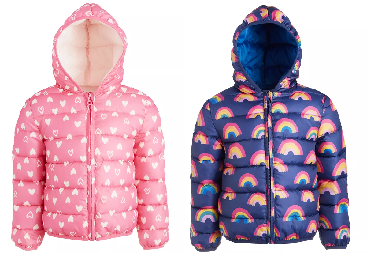 heart and rainbow print puffer jackets